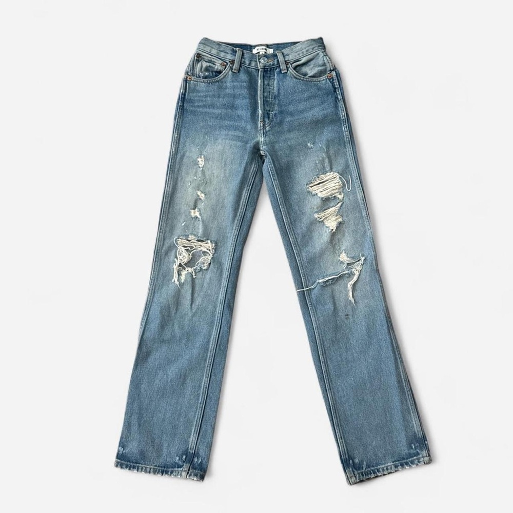 Re/Done Blue Distressed Straight Leg Jeans